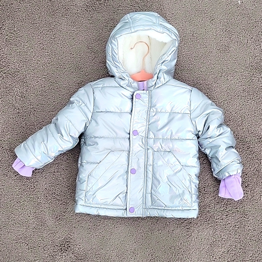 Cat & Jack silver holographic puffer jacket w/purple lining size 18 months